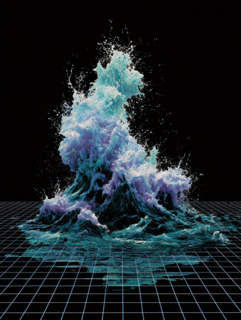 A vivid water wave is captured mid-action, displaying an array of colors with splashes and foam against a grid background in a dark setting.の素材