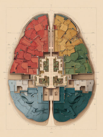 An intricate layout showcases a brain-like structure, featuring distinct colors for various sections.の素材