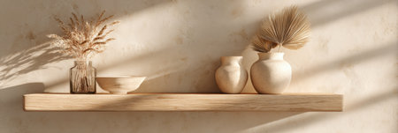 Natural materials and textures adorn a wooden shelf, with a mix of vases and dried plants casting gentle shadows in a calm indoor environment.の素材