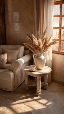 The warm glow of afternoon sunlight fills a serene living room featuring a white couch, wooden table, and a vase of dried flowers, inviting relaxation.の素材