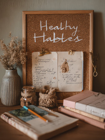 Corkboard showcases handwritten notes on healthy habits alongside decor items including a vase of dried flowers and organized stationery in a warm atmosphere.の素材