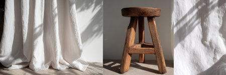 Natural light filters through soft white curtains, illuminating a wooden stool while casting gentle shadows on the neutral tones of the room.の素材