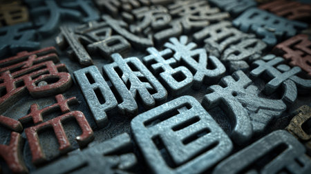 Traditional woodblock printing showcases vibrant characters arranged artistically on a textured background, highlighting craftsmanship and cultural heritage.の素材