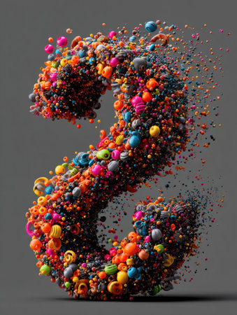 Colorful particles converge to form the number three, creating a lively and dynamic visual effect on a neutral backdrop.の素材