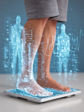 User stands on a smart scale that displays holographic health metrics and body analysis for fitness tracking and wellness monitoring.の素材