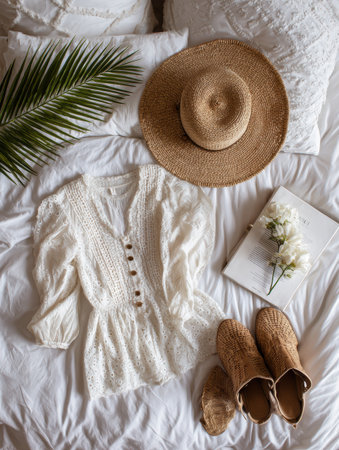 A white blouse with button details rests on a bed surrounded by soft pillows, a straw hat, shoes, and a book, capturing a warm and inviting atmosphere.の素材