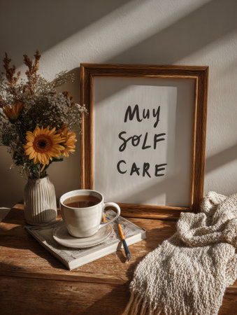 A warm and inviting setup includes a cup of coffee, a flower vase with sunflowers, and self-care decor on a wooden table, bathed in soft sunlight.の素材