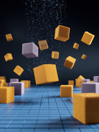 Colorful cubes in yellow and purple float in mid-air against a dark backdrop, surrounded by a mist of water droplets creating a dynamic aesthetic.の素材
