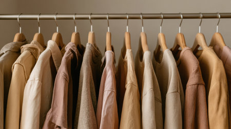 Various shirts in soft colors and fabrics are neatly hung on a rack, showcasing a blend of styles in a well-organized, minimalist space.の素材