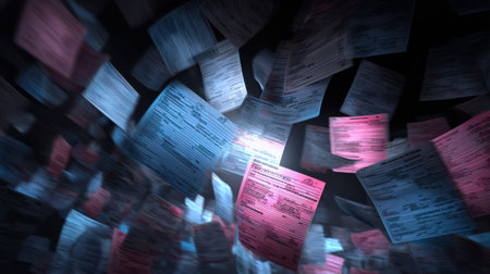 Colorful sheets of paper appear to float in mid-air, showing various texts and symbols, symbolizing the importance of information and creativityの素材