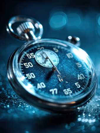 Close-up view of a vintage stopwatch resting on a reflective surface, illuminated by dramatic lighting that highlights its intricate details and textures.の素材