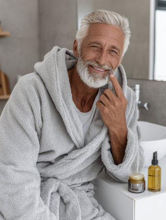 Mature man smiles while applying skincare products in a stylish bathroom, showing a moment of self-care and relaxation in a cozy setting.の素材