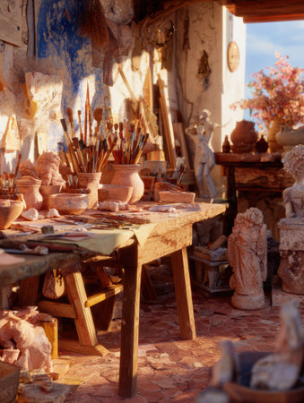 Sunlight streams into a rustic workshop where various pottery tools, brushes, and clay sculptures are arranged neatly on a wooden table.の素材