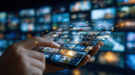 A hand holds a smartphone displaying colorful thumbnails of media content against digital screens, showcasing modern entertainment.の素材