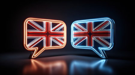 Two vibrant neon speech bubbles display the British flag in red and blue, symbolizing communication and connection in a contemporary style.の素材