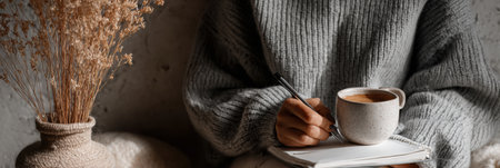 A person in a cozy sweater enjoys warm coffee while writing in a notebook, accompanied by dried flowers in a soft atmosphere.の素材