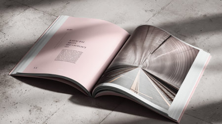 A magazine spread showcases innovative tunnel architecture with sleek lines and curves, illuminated by soft light, resting on a textured concrete base.の素材