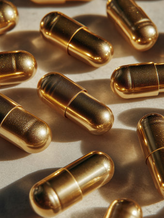 Shiny golden capsules are scattered on a neutral surface, showing modern design elements suitable for health and wellness products.の素材