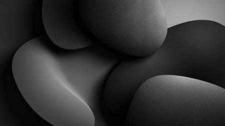 Smooth, curved shapes in various shades of black and gray overlap artistically, creating a striking visual composition on a neutral background.の素材