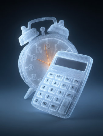 A translucent alarm clock and clear calculator artfully symbolize the link between time management and numerical calculations.の素材