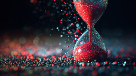 Hourglass containing shimmering red and blue sand, surrounded by a vibrant display of particles, conveys the concept of time with artistic flair.の素材