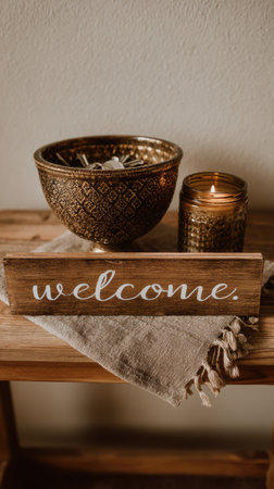 A warm welcome display features an ornate bowl filled with decorative items and a glowing candle, set on a rustic wooden table with a cozy ambiance.の素材