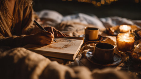 A person sits comfortably in a blanket, sketching in a notebook with a pen while sipping a warm drink, surrounded by candles and snacks during nighttime.の素材