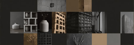 Focus on contemporary design elements, featuring monochromatic decor and architectural models, highlighting textures and shapes in a curated arrangement.の素材