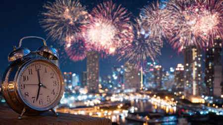 Colorful fireworks burst over a city skyline at midnight, with an antique clock in the foreground signaling the start of the new year.の素材