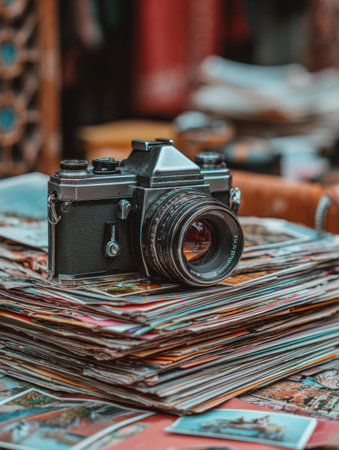 A classic vintage camera sits atop a vibrant pile of postcards, showing various images and evoking memories of past adventures in a bustling market.の素材