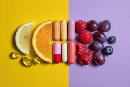 Fruits and dietary supplements are artistically placed against two bold backgrounds, illustrating a vibrant approach to health and wellness.の素材