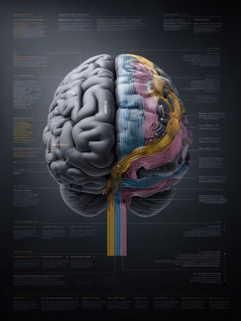 This diagram showcases a realistic representation of the human brain, highlighting key areas and their respective functions through vivid colors and labels.の素材
