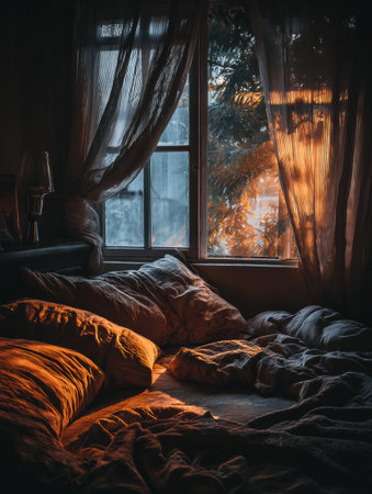 Soft sunlight fills a cozy bedroom where fluffy pillows and flowing curtains create a serene and inviting ambiance at sunset.の素材