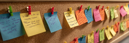 A collection of bright sticky notes attached to a corkboard, featuring various reminders and tasks arranged in an organized manner for easy reference.の素材