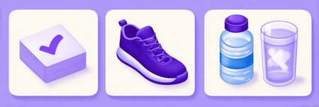 A checklist of essential items for fitness includes a water bottle, a pair of purple sneakers, and a glass of water, all showcased in a vibrant layout.の素材