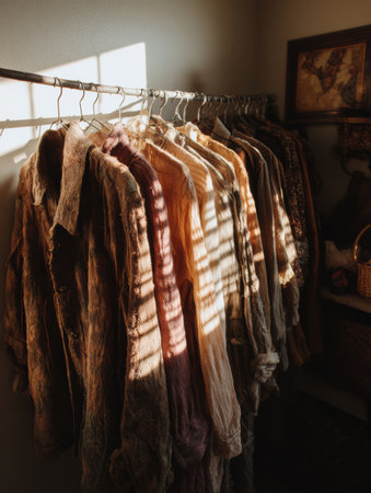Soft sunlight filters through a window, casting shadows on various vintage shirts neatly hung on a rack in a cozy room.の素材