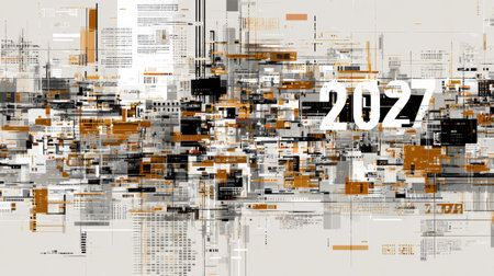 A complex arrangement of shapes and colors illustrates a futuristic aesthetic, capturing the essence of data and technology in the year 2027.の素材