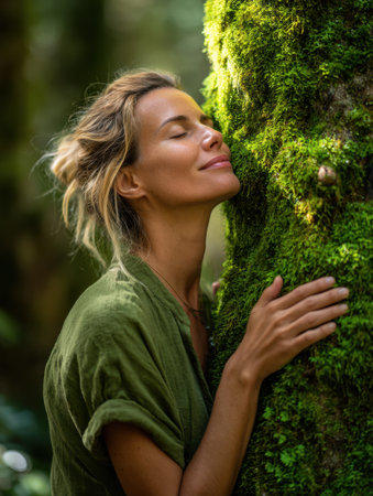 A woman peacefully embraces a moss-covered tree in a vibrant forest, enjoying the tranquility of nature under soft sunlight during the day.の素材