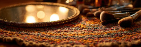 A collection of makeup brushes rests beside a round mirror on a vibrant woven mat, illuminated by warm light in a comfortable indoor space.の素材