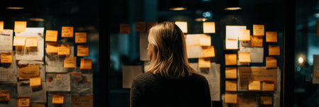 A woman contemplates ideas at a wall of sticky notes in a dim office, indicating a brainstorming session or project planning.の素材