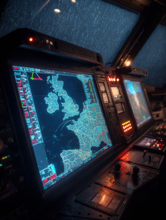 Control room filled with screens showing intricate maps, with rain visible on windows, highlighting the challenging navigation conditions at night.の素材