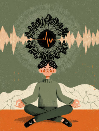 Individual practicing meditation with a serene expression, surrounded by a soundwave illustration, symbolizing inner peace and mental clarity.の素材