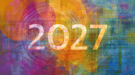 Abstract visualization highlighting the year 2027 with a blend of vivid colors and shapes, creating a modern artistic feel ideal for digital contexts.の素材