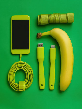 Arrangement of bright green items featuring a mobile device, a banana, and various charging cables set against a vivid green background.の素材