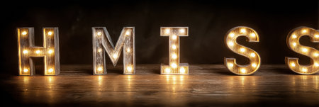 Letters decorated with lights spell missing in a low light environment, creating a warm yet mysterious atmosphere on a wooden table.の素材