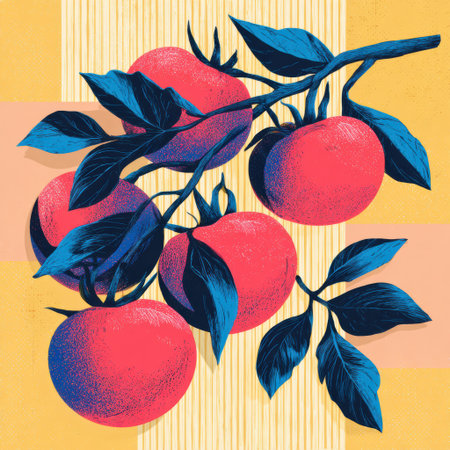 Brightly colored oranges hang from a branch covered in lush green leaves, set against a lively yellow and pink abstract background.の素材