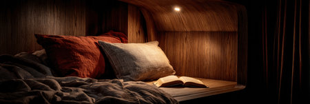 Soft pillows and blankets surround an inviting space featuring an open book under gentle lighting, creating a tranquil atmosphere for reading.の素材
