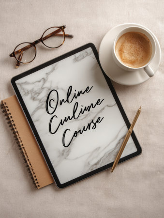 Tablet displaying online culinary course, accompanied by a cup of coffee, glasses, and an open notebook on a beige surface creates a cozy atmosphere.の素材