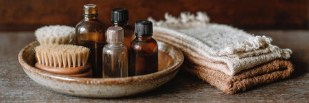 Natural oils, brushes, and towels are neatly arranged on a wooden surface, creating a serene atmosphere for self-care and relaxation.の素材