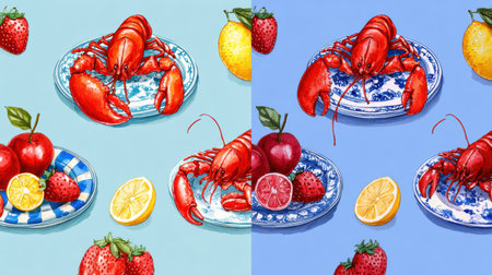 A vibrant display showcases two red lobsters alongside fresh strawberries, apples, and lemons on decorative plates against pastel backgrounds.の素材